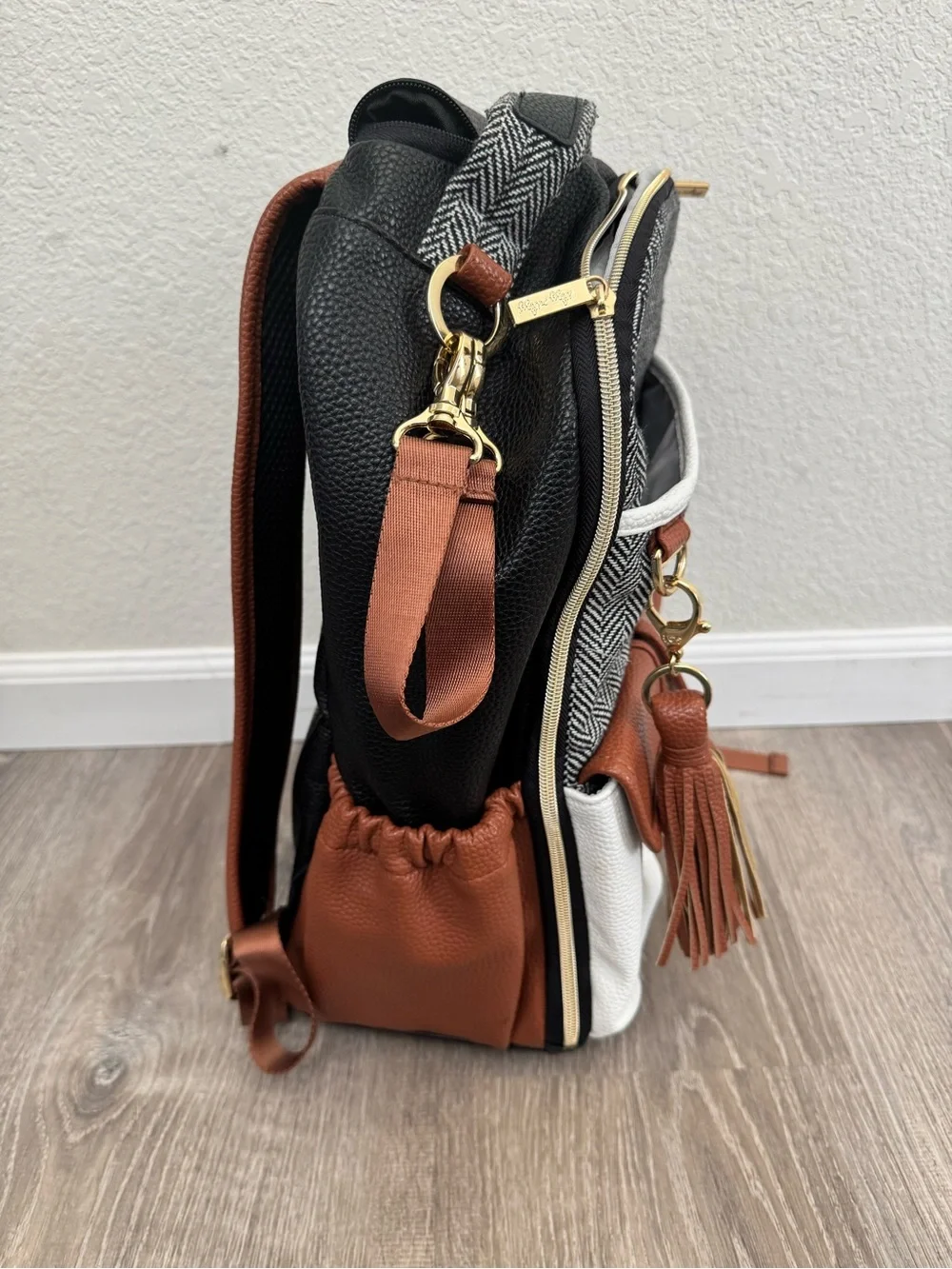 Itzy Ritzy Black White Brown Herringbone Diaper Backpack Set